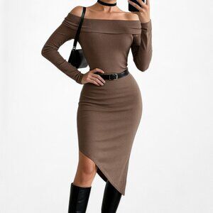 Vintage Y2K Brown Ribbed Knit Off The Shoulder Asymmetric Bodycon Dress Size M